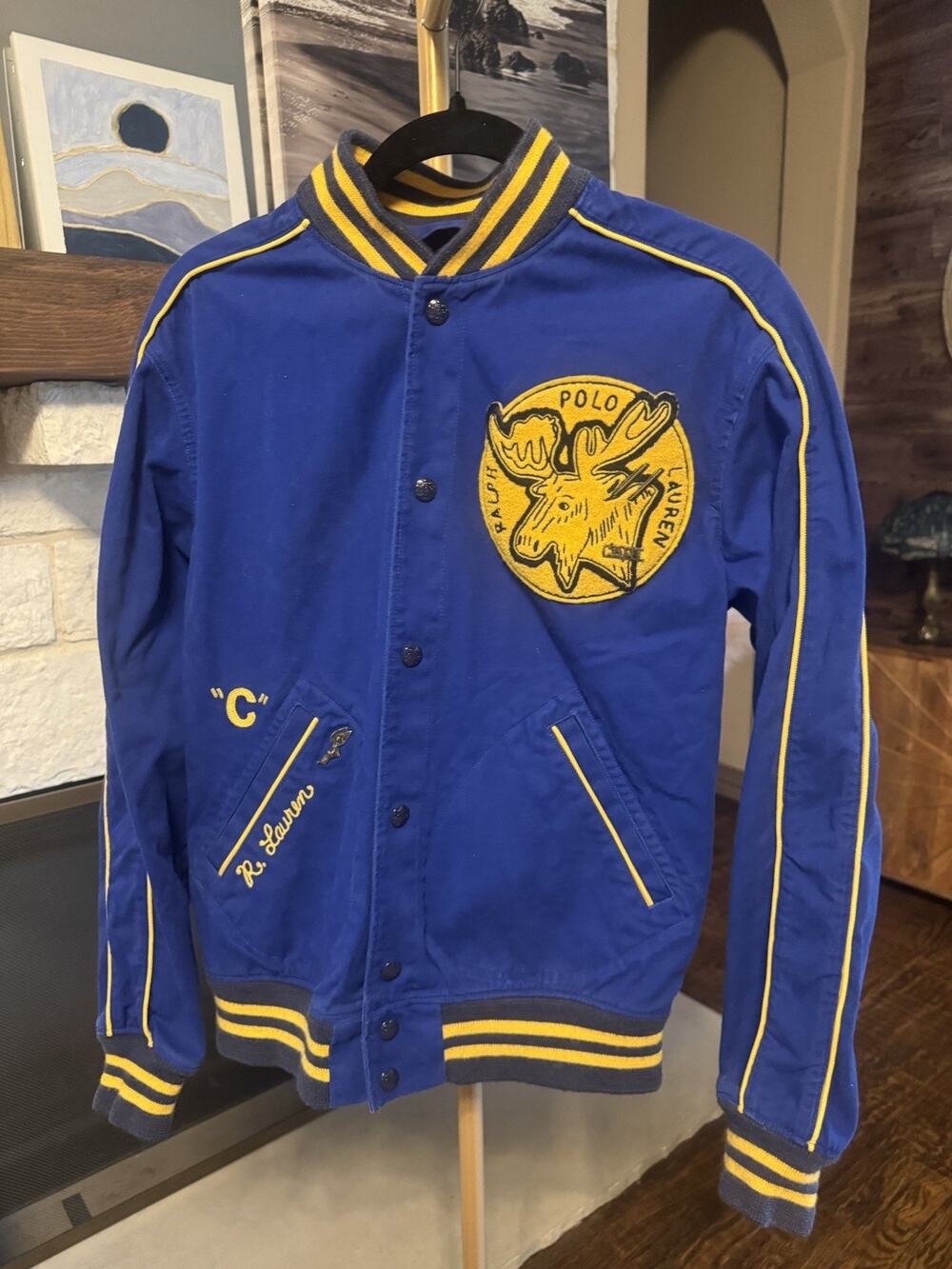 Polo Ralph Lauren Blue Yellow Varsity Jacket Men's Size M Snap Embroidered Logo
